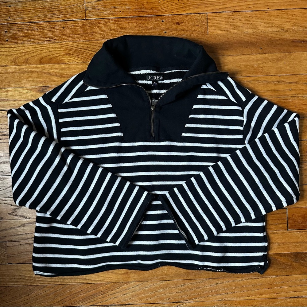 J. Crew Black and White Striped Half-Zip Sweater